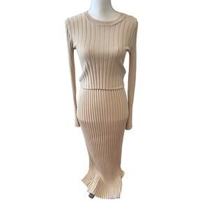 House of Harlow 1960 Revolve Ribbed Knit Long Sleeve Maxi Skirt Set Beige S